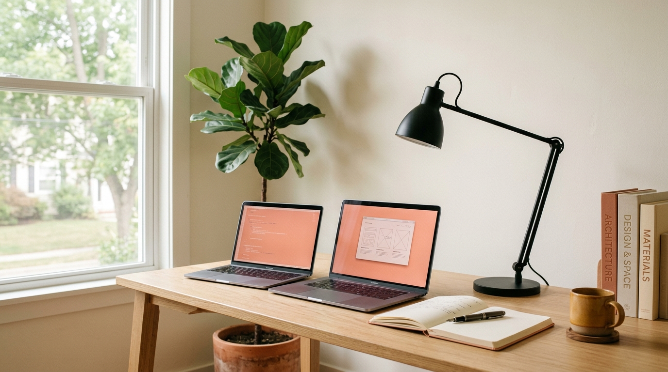 A quiet workspace by a wide window — two laptops glowing coral, an architect lamp, an open notebook, and a fiddle-leaf fig in a terracotta pot.