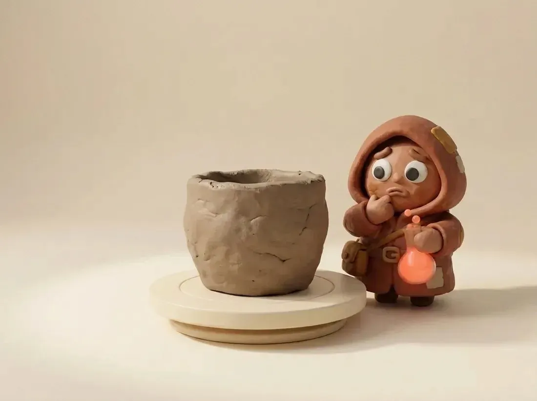 The same pot still unfired: lumpy grey clay, rough rim, the alchemist looking at it worried