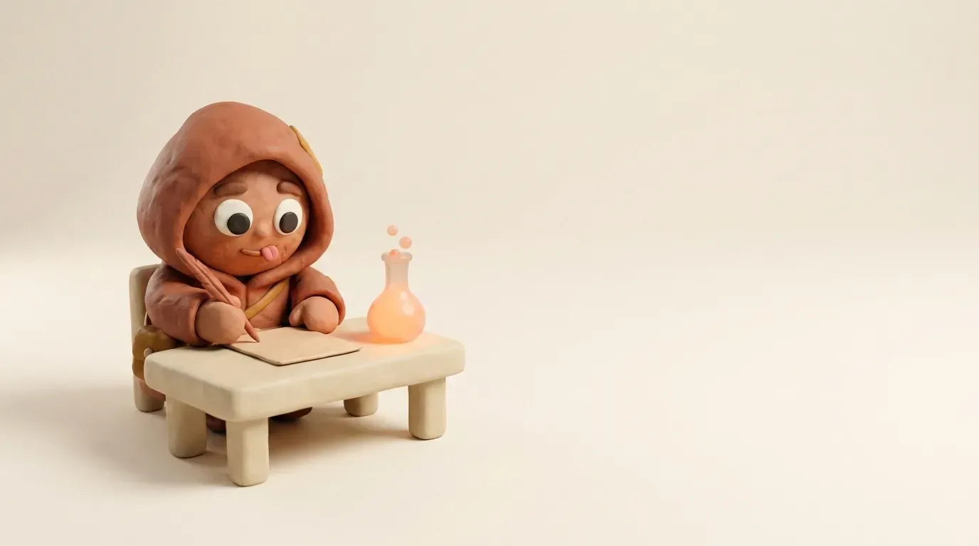 The clay alchemist at a low desk, tongue out in concentration, writing on a blank sheet by the light of his flask