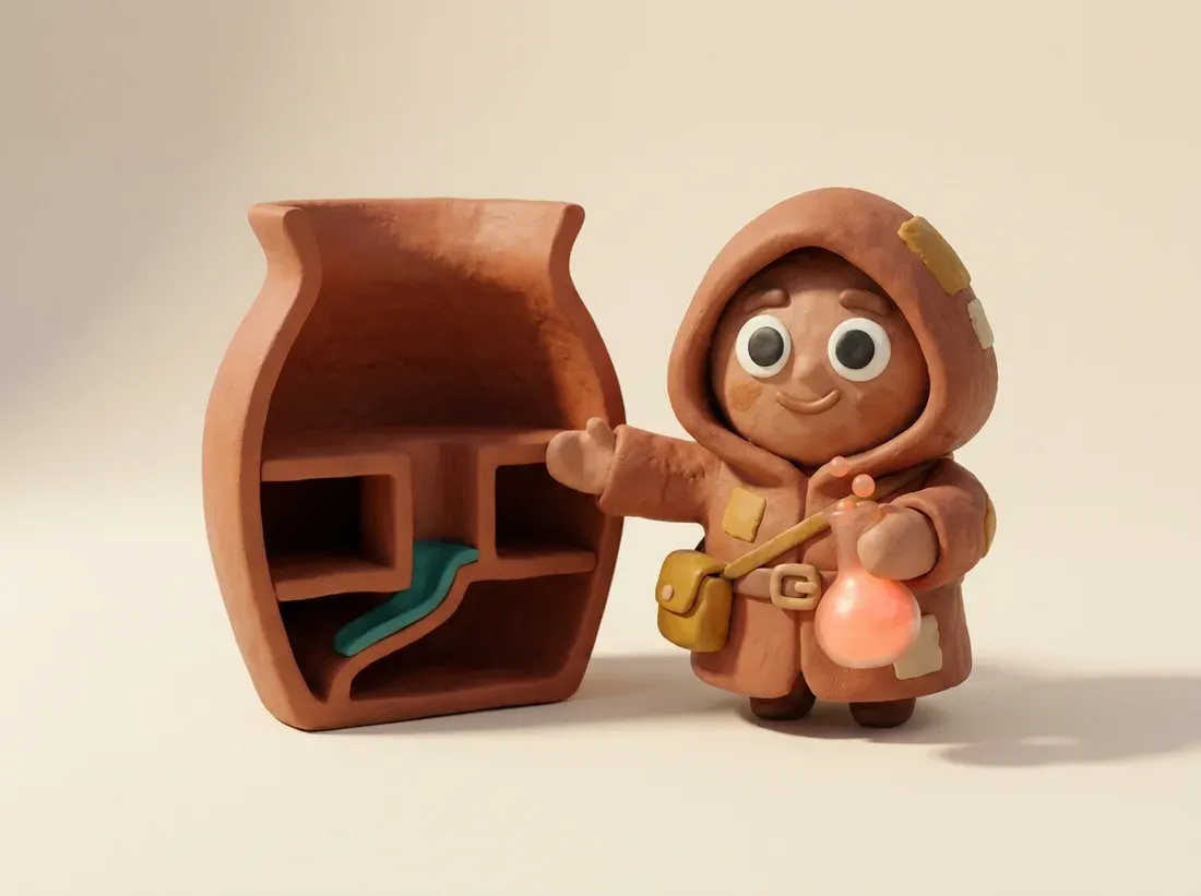 The clay alchemist presenting a pot cut in half to show neat, deliberate internal structure