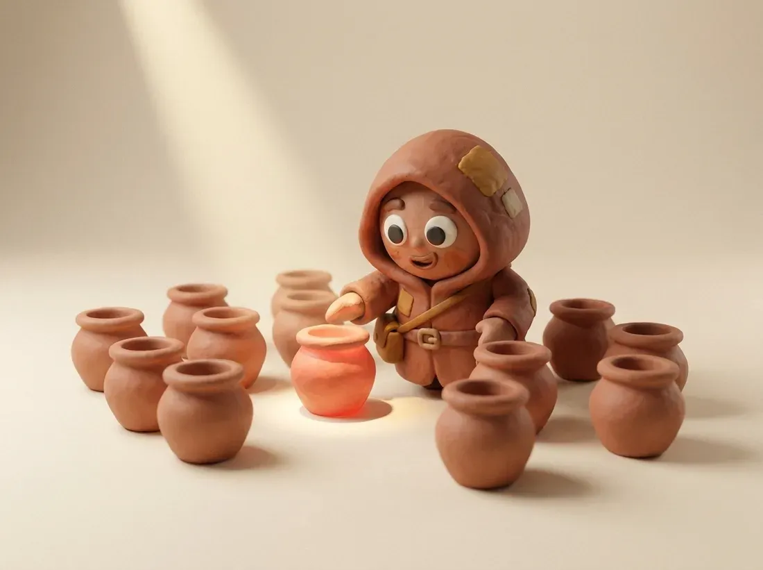 The clay alchemist crouched among a dozen identical pots, reaching for the one that glows
