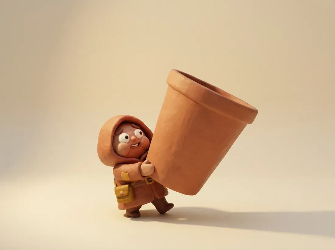 The clay alchemist straining to carry a pot three times his size, wobbling under it