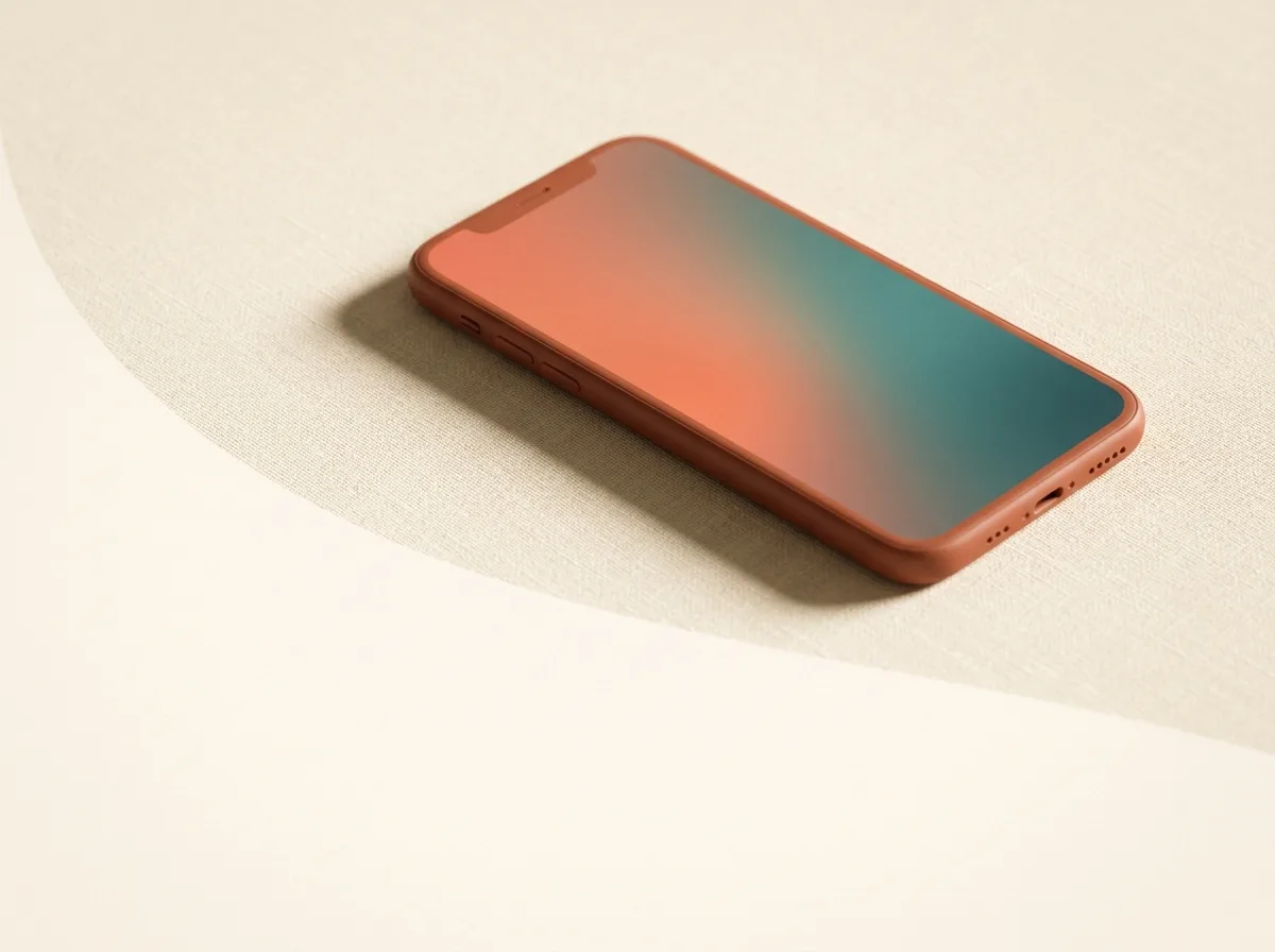 A smartphone on linen with a coral-to-teal liquid screen