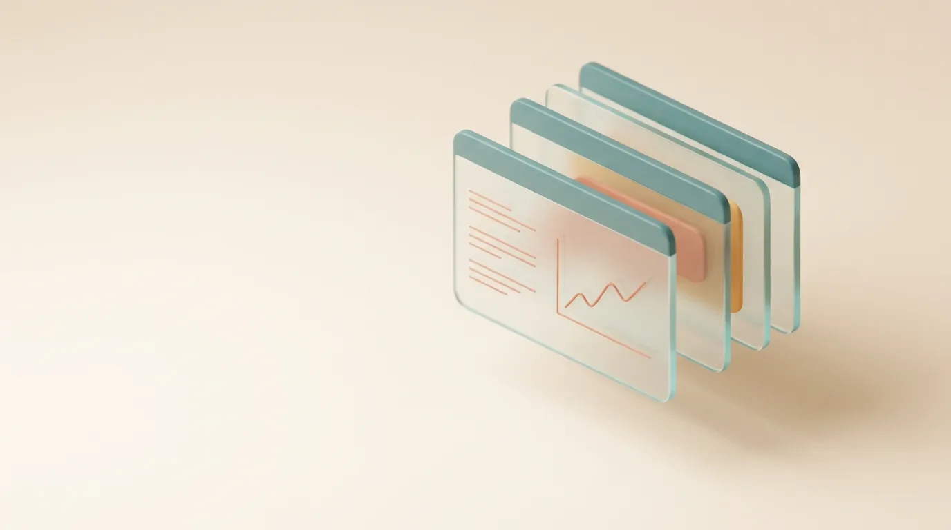 Layered translucent glass app windows at an isometric angle