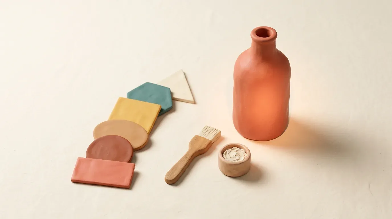 A bare clay bottle with no label, beside a fanned stack of six blank labels in different shapes and colours, waiting to be chosen.