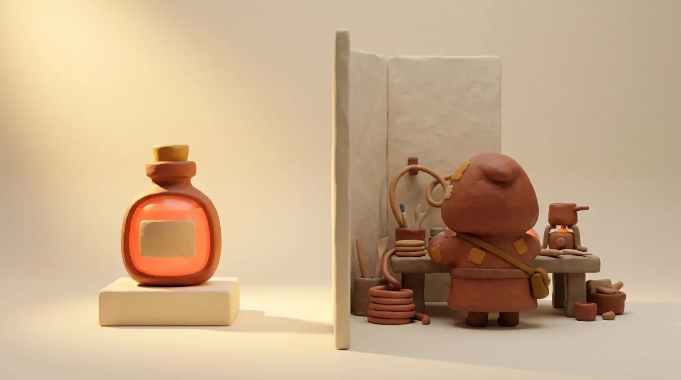 A folding screen divides the frame. On the lit side, a finished bottle stands alone on a plinth. Behind the screen, out of sight, a small clay figure works at a cluttered bench.