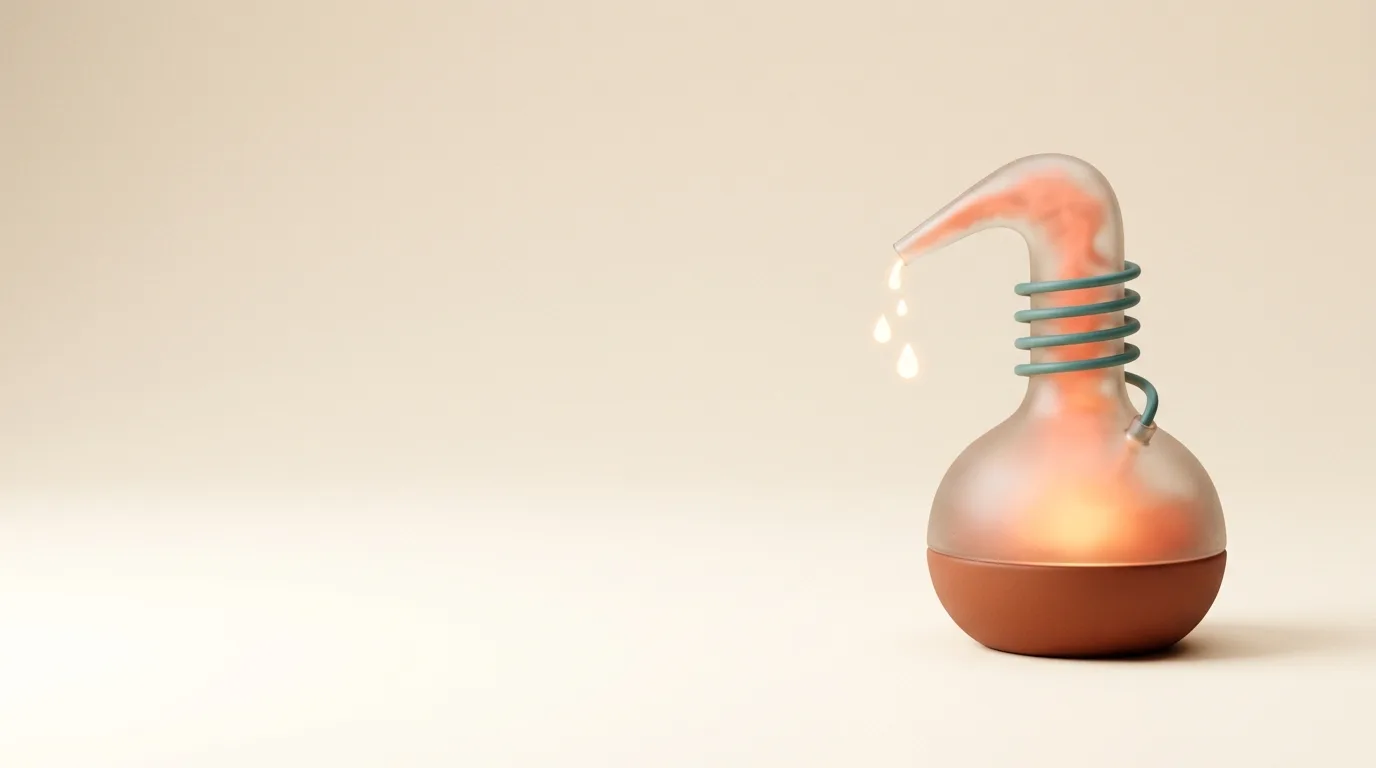 A glass alembic flask distilling glowing coral droplets
