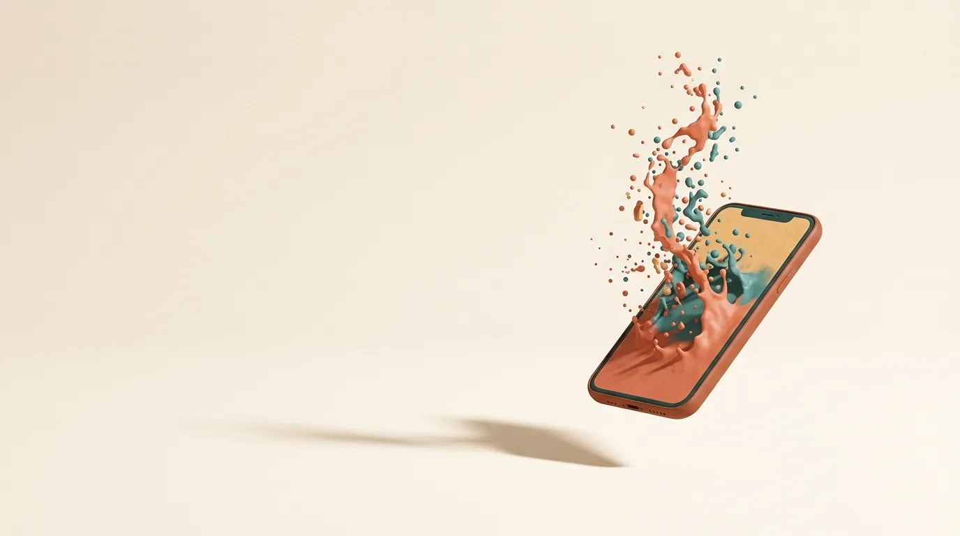 A smartphone dissolving into a coral-and-teal liquid splash