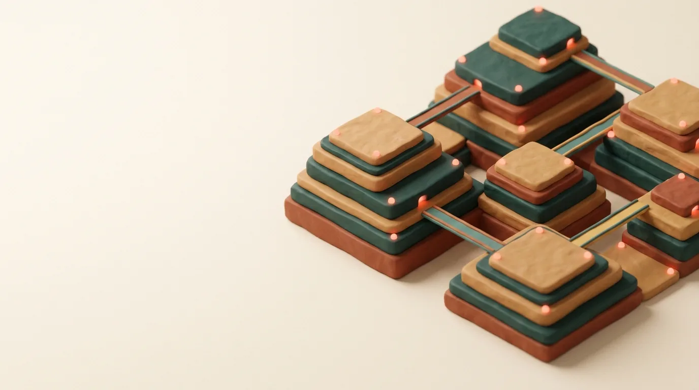 An isometric landscape of stacked clay terraces linked by glowing nodes