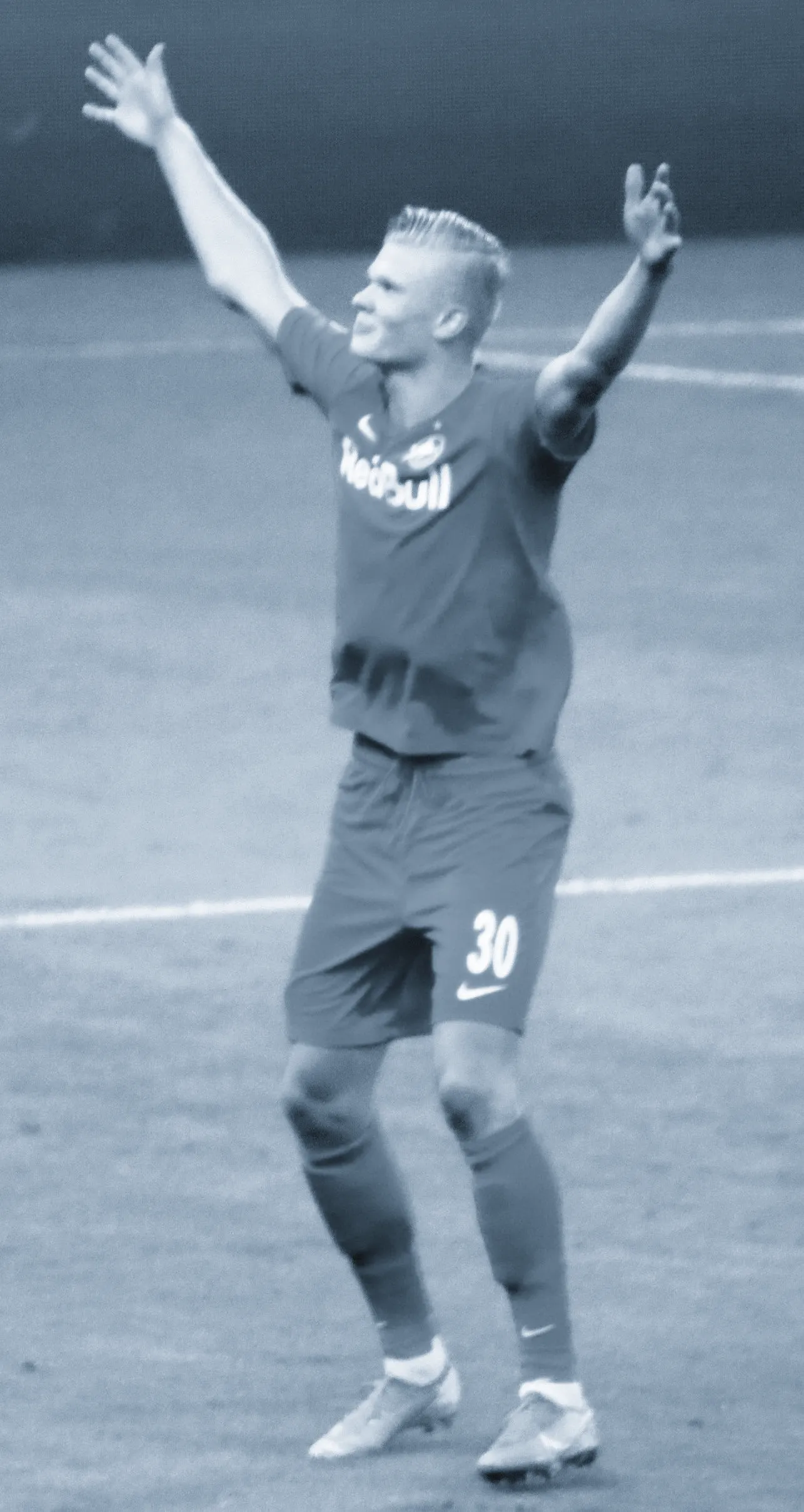 Erling Haaland celebrating for RB Salzburg against Genk — the Champions League debut hat-trick night, September 2019